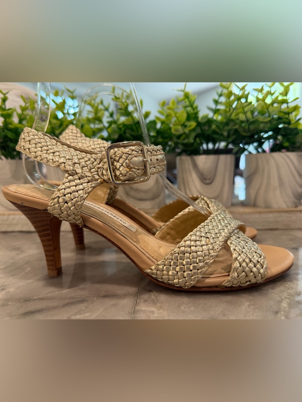 Diane Von Furstenberg Braided Metallic Gold Sandals Heels Size-6.5